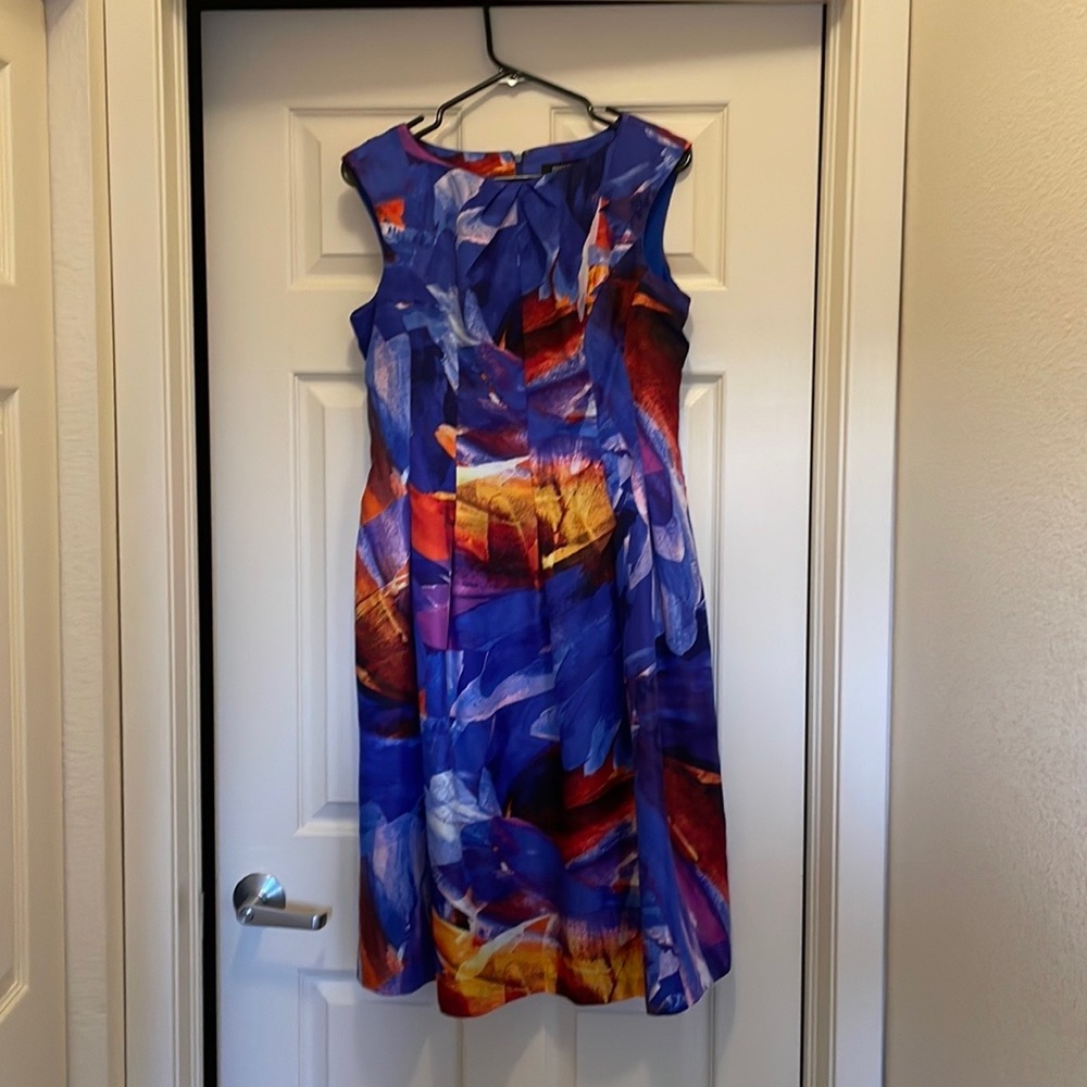 Size 10 Ellen Tracy A-Line Midi Print Dress (blue, purple, orange)
